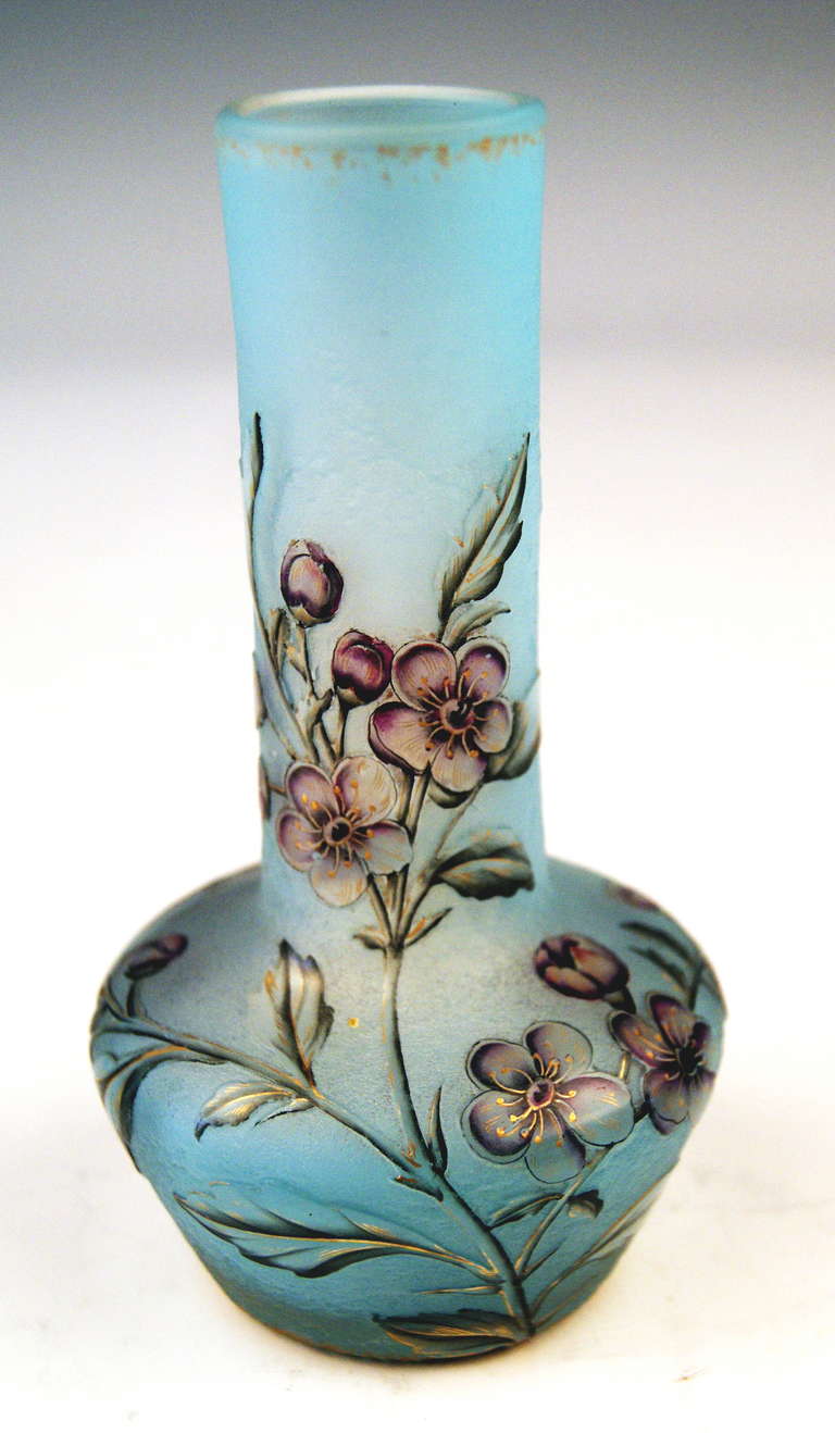 Enamel Daum Nancy Vase Flower Blossoms on Stems Art Nouveau France Lorraine c. 1900 For Sale