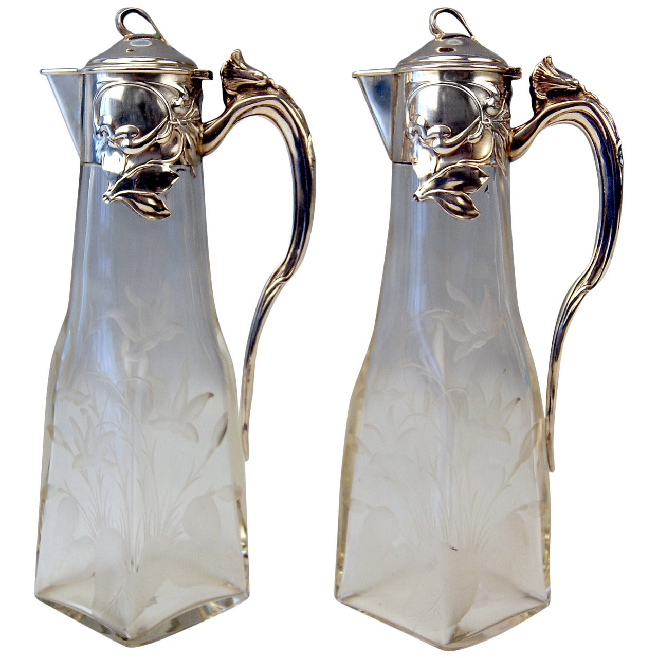 Silver Art Nouveau German Pair of Glass Decanters by Otto Wolter, circa 1900
