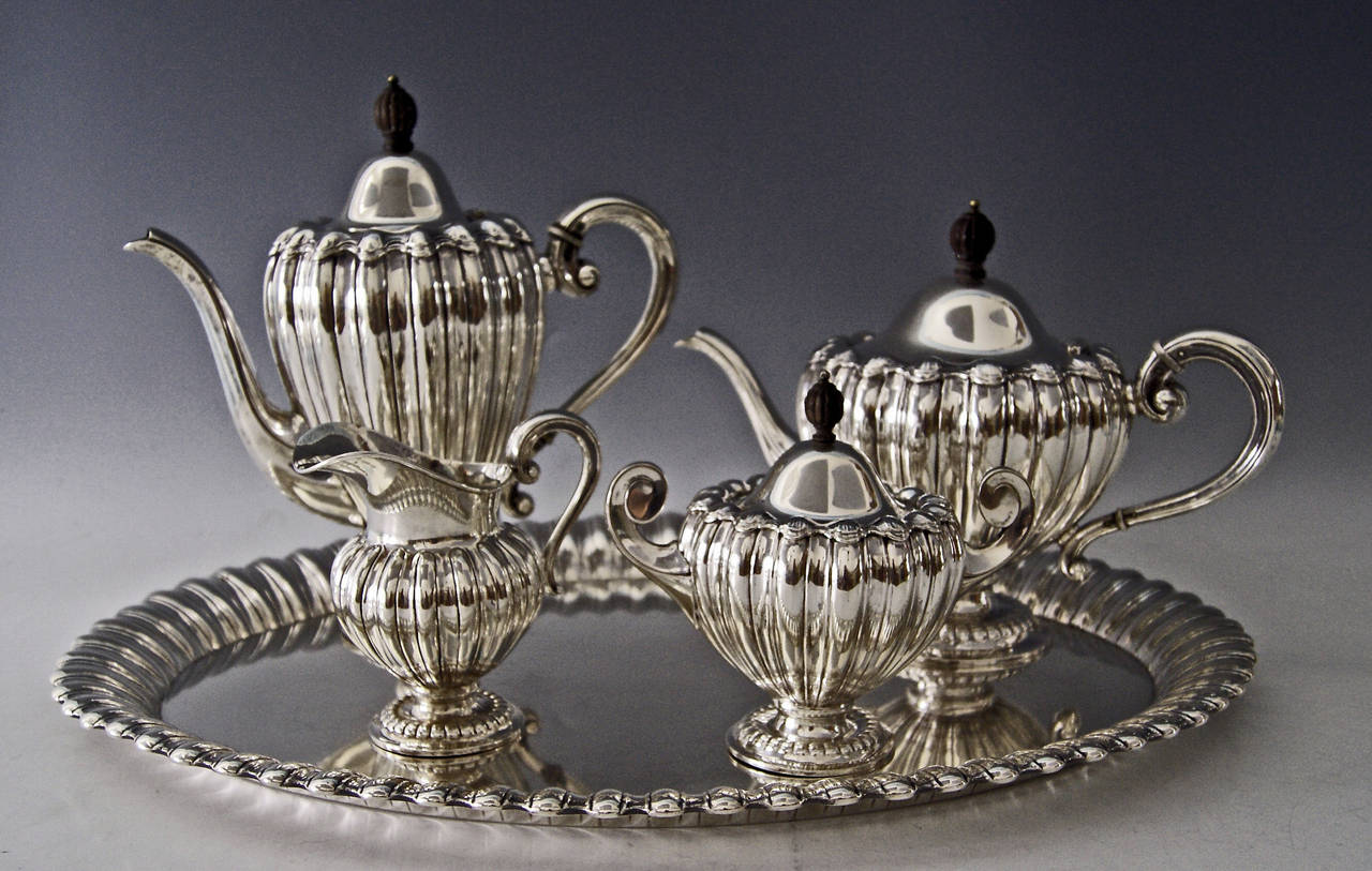 Silver stunning coffee tea set Germany Wilkens and Sons
Bremen circa 1918/1919.

This set consists of various parts:

-- Coffee pot  height: 10.43 inches (26.5 cm).
-- Tea pot  height: 8.26 inches (21.0 cm).
-- Creamer  height: 4.92 inches