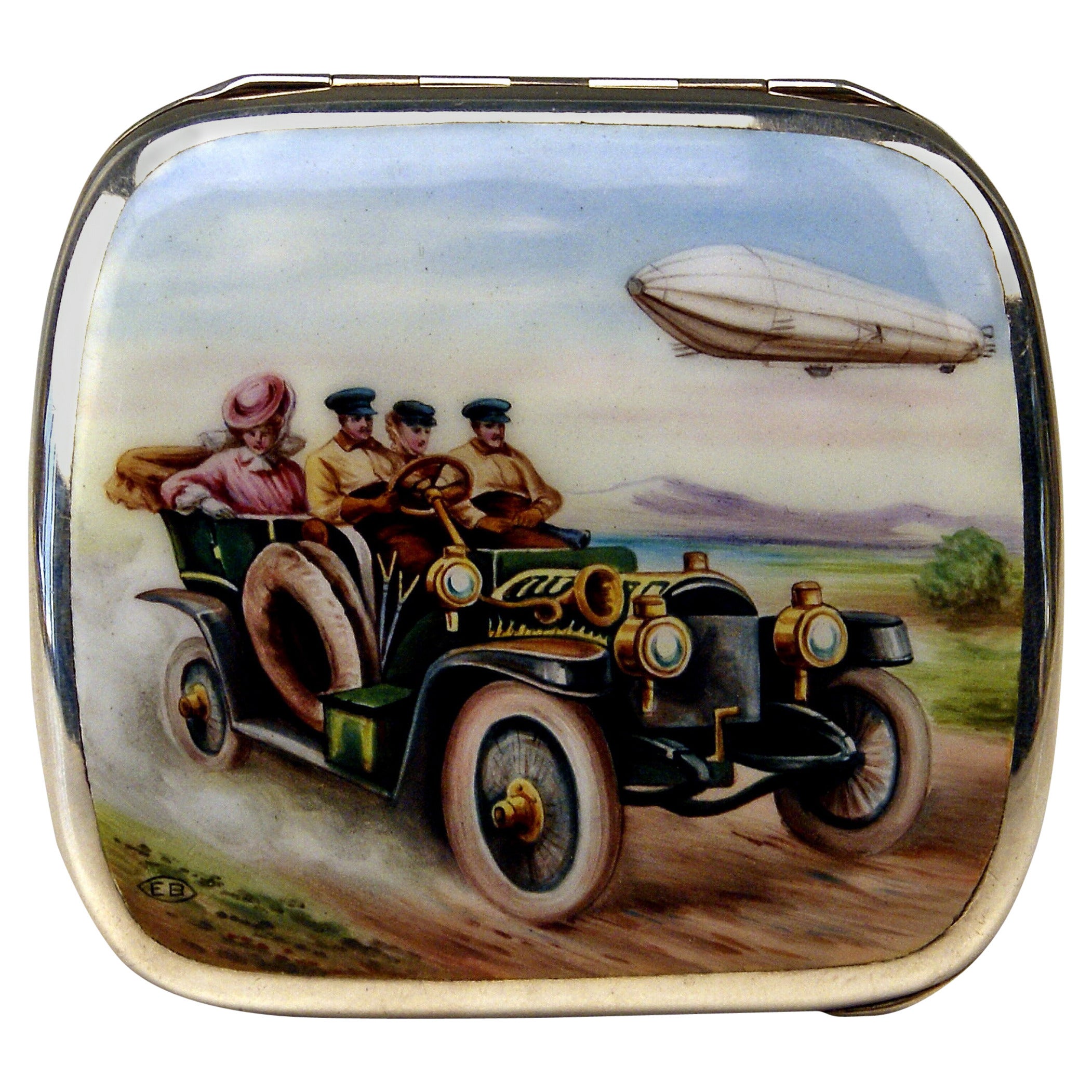 German Silver Art Nouveau Cigarette Box with Enamel Painting of a Vintage Car