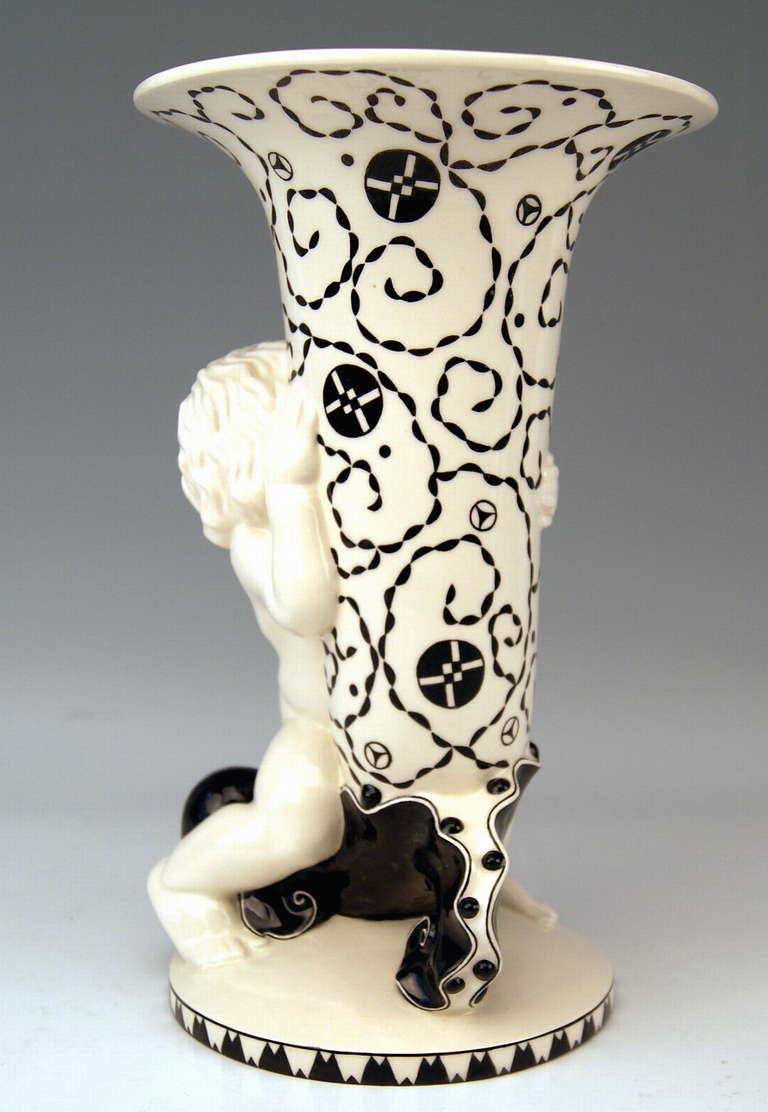 Austrian Michael Powolny Art Nouveau Cherub Clasping Tall Vase Model 319 Made circa 1913