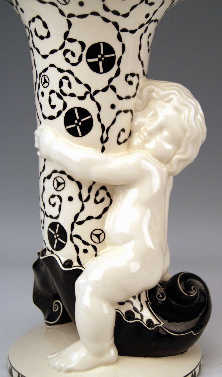 Glazed Michael Powolny Art Nouveau Cherub Clasping Tall Vase Model 319 Made circa 1913