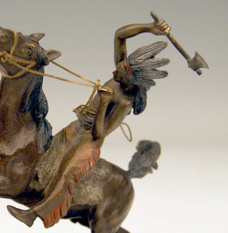Austrian Vienna Bronze Carl Kauba of Riding Red Indian Fighting Hunting Leopard c.1900