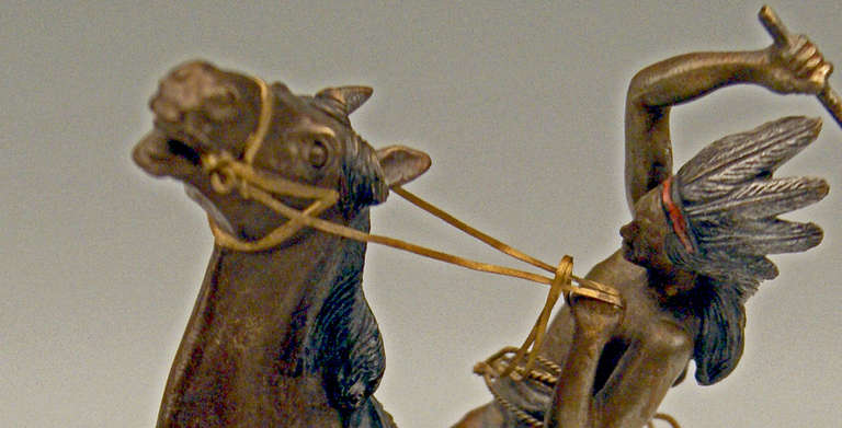20th Century Vienna Bronze Carl Kauba of Riding Red Indian Fighting Hunting Leopard c.1900