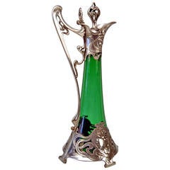 WMF Art Nouveau Tall Silver Plated Jug Moss Green Glass, circa 1905
