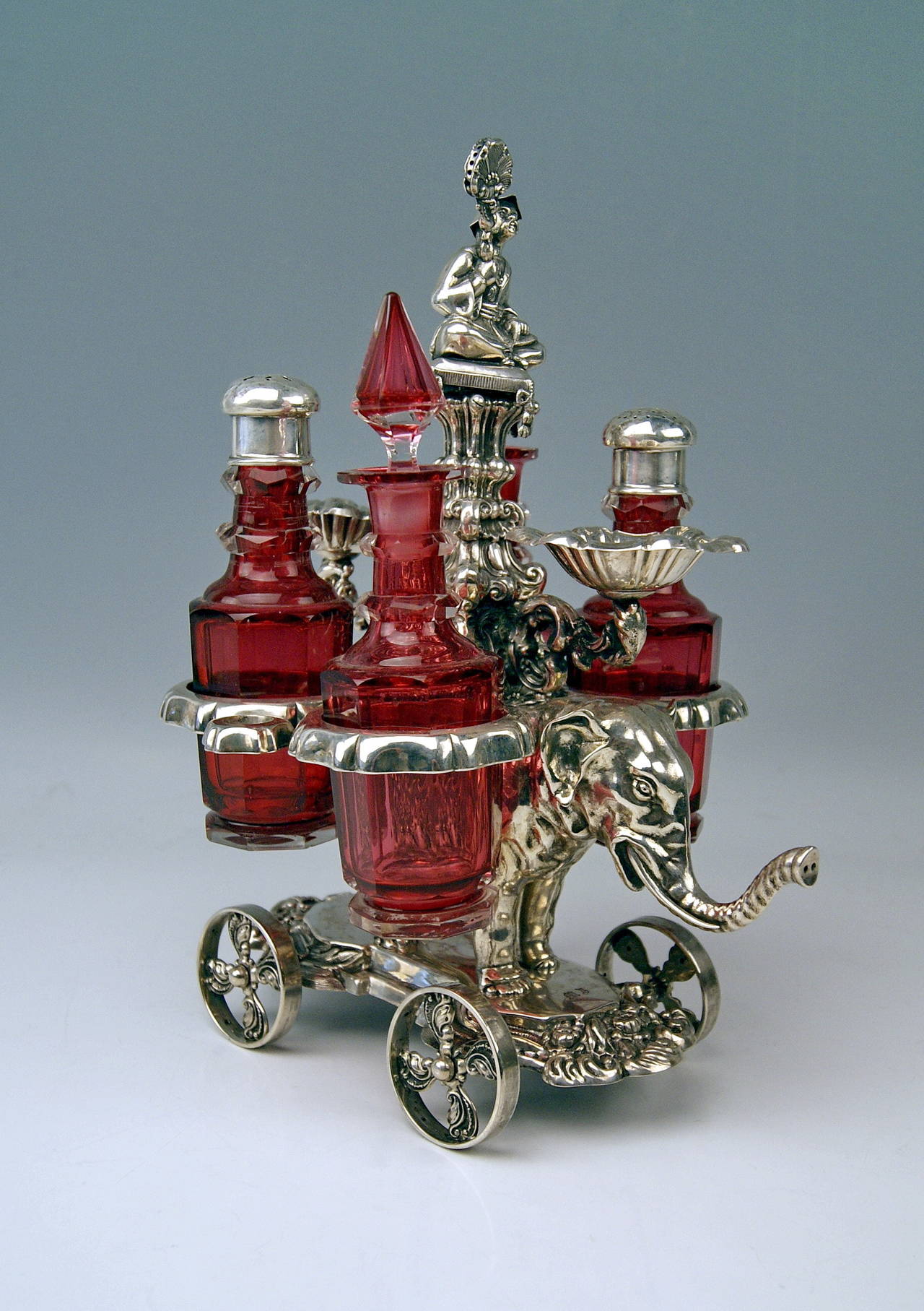 Austrian Vintage Vienna Silver Glass Condiment Oil Vinegar Set on an Elephant, circa 1854