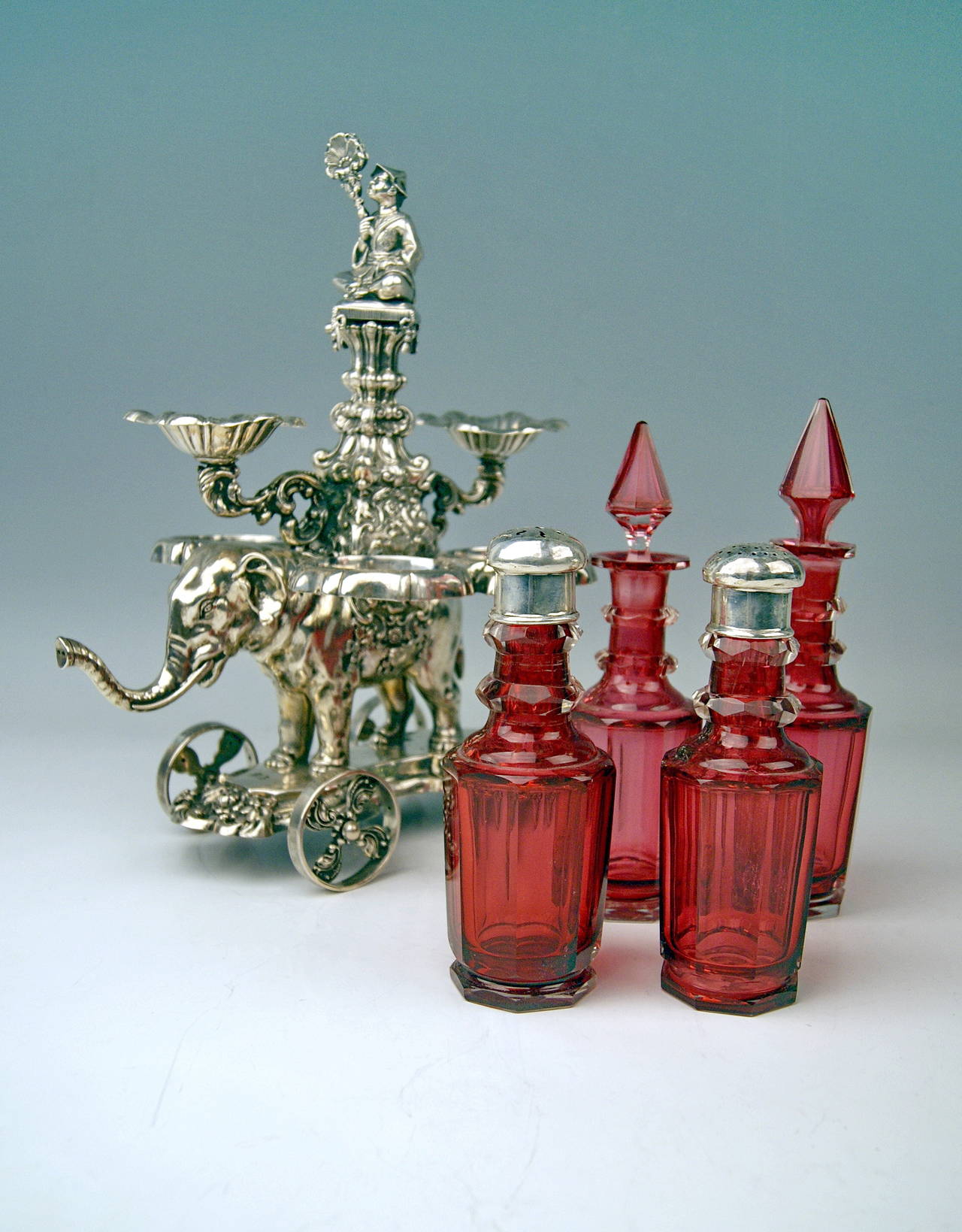 Vintage Vienna Silver Glass Condiment Oil Vinegar Set on an Elephant, circa 1854 4