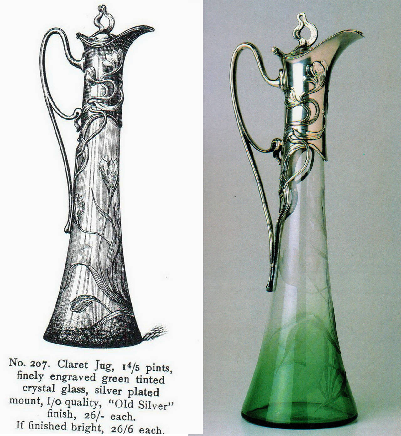 WMF ART NOUVEAU STUNNING CLARET JUG    MADE CIRCA 1900 / 05
SILVER-PLATED TIN MOUNTING / WITH ORIGINAL GREEN-WHITE GLASS 

This outstanding jug is of breathtaking appearance  -  it is manufactured in following manner: The green-white glass part
