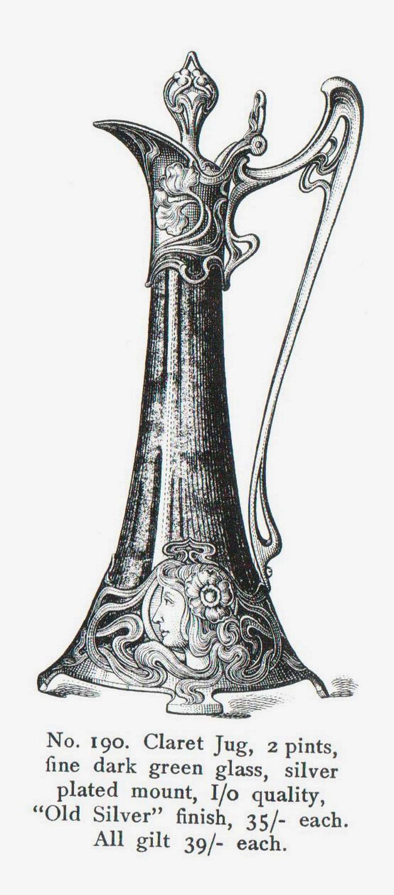 WMF Jugendstil Großer versilberter Krug Moosgrünes Glas:: um 1905