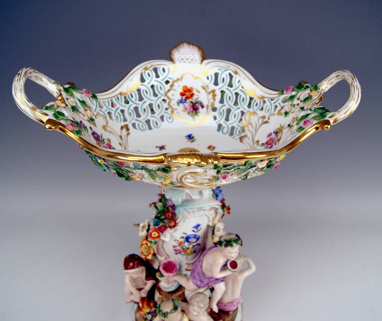 Painted Meissen Tall Centrepiece  Fruit Bowl Figurines of the Four Seasons made c.1870