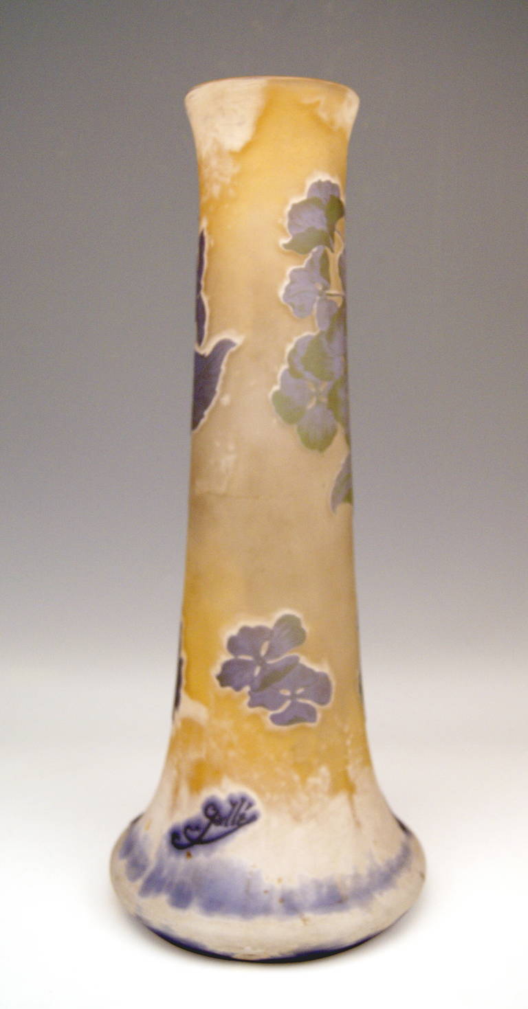 20th Century Gallé Nancy Tall Vase Hydrangea Flowers Art Nouveau height 17.91 inches, c.1910