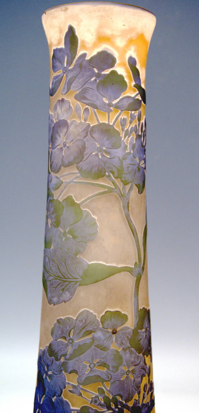 Gallé Nancy Tall Vase Hydrangea Flowers Art Nouveau height 17.91 inches, c.1910 1