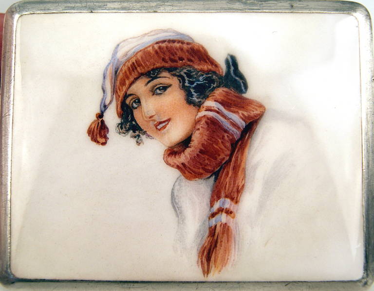 Austrian Silver Art Nouveau Cigarette Box  Enamel Painting Lady