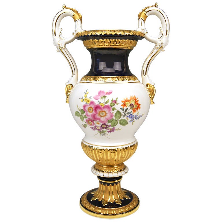 Meissen Tall Amphora Multicolored Vase with Two Handles, made c. 1950