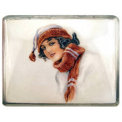 Austrian Silver Art Nouveau Cigarette Box  Enamel Painting Lady