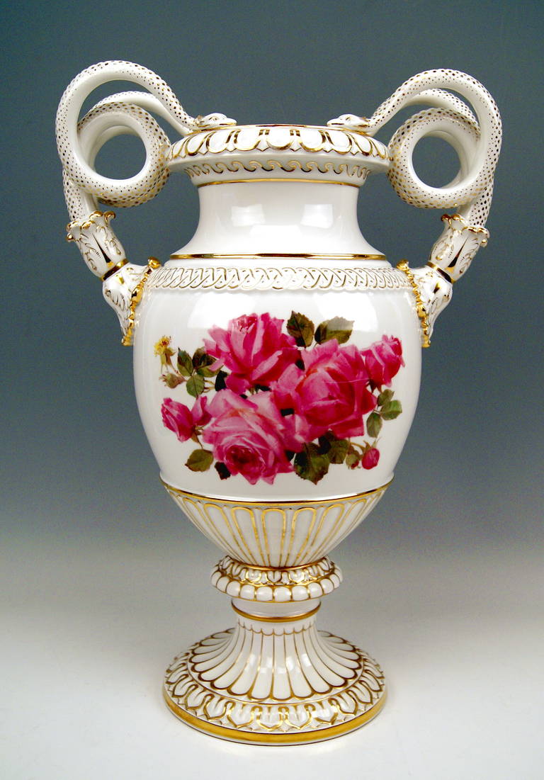 Neoclassical Revival MEISSEN TALL SNAKE HANDLES VASE WITH FINEST FLOWER PAINTING  c.1870