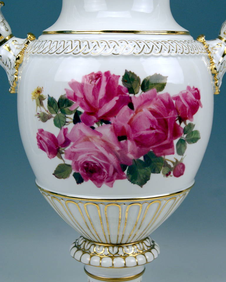 German MEISSEN TALL SNAKE HANDLES VASE WITH FINEST FLOWER PAINTING  c.1870