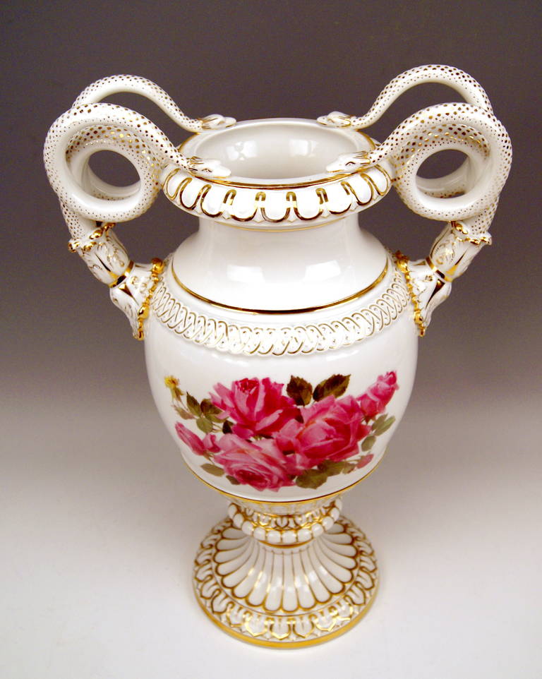 Painted MEISSEN TALL SNAKE HANDLES VASE WITH FINEST FLOWER PAINTING  c.1870