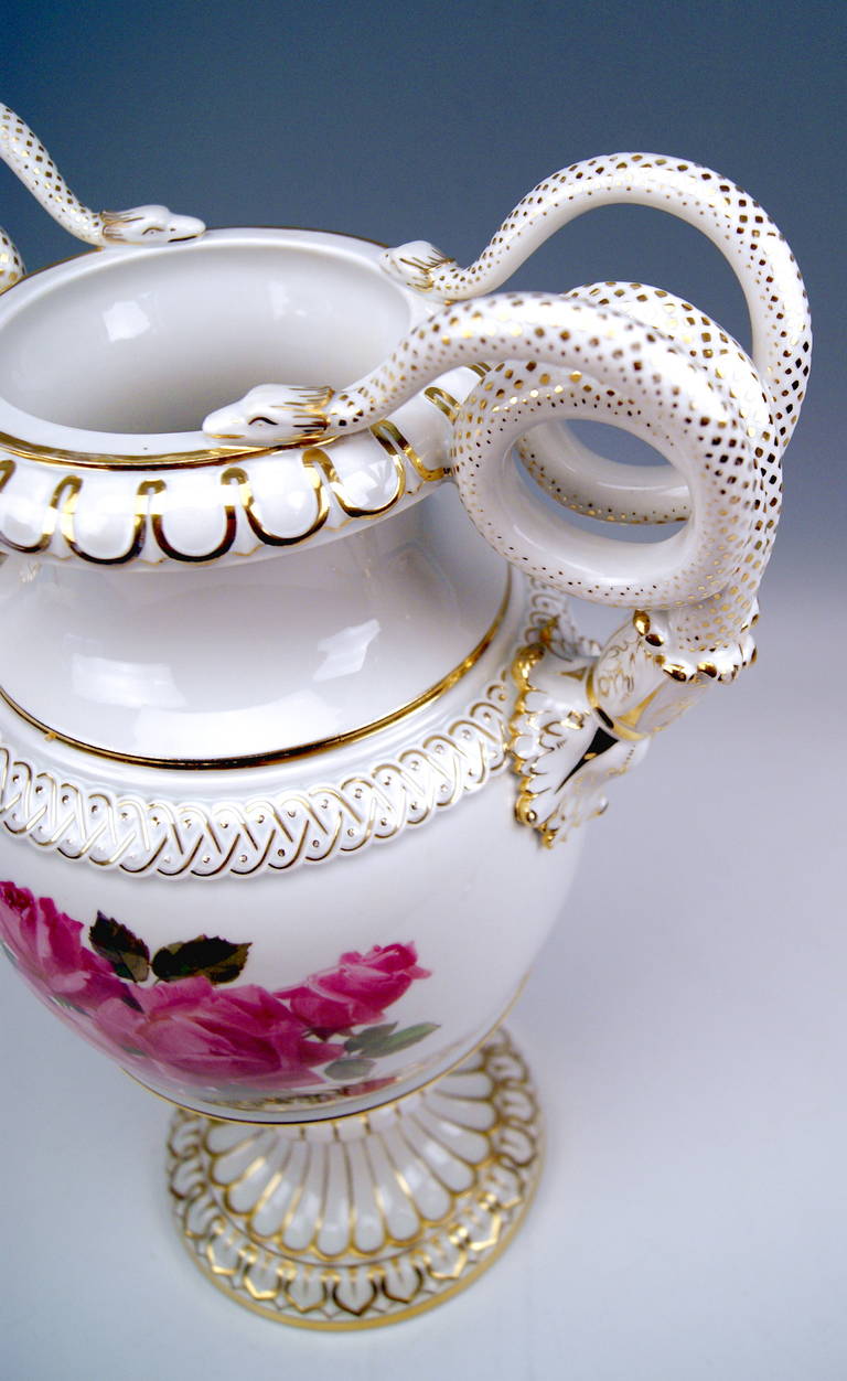 MEISSEN TALL SNAKE HANDLES VASE WITH FINEST FLOWER PAINTING  c.1870 In Excellent Condition In Vienna, AT