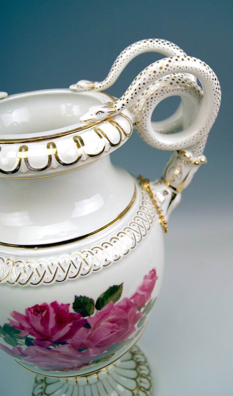 19th Century MEISSEN TALL SNAKE HANDLES VASE WITH FINEST FLOWER PAINTING  c.1870