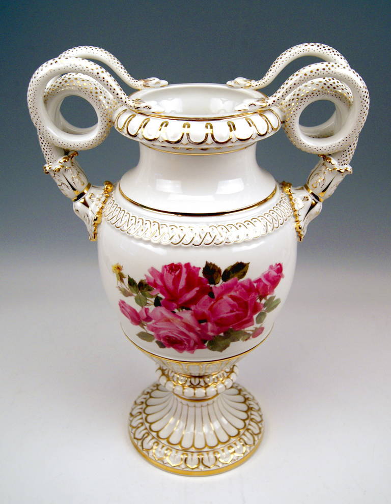 Porcelain MEISSEN TALL SNAKE HANDLES VASE WITH FINEST FLOWER PAINTING  c.1870