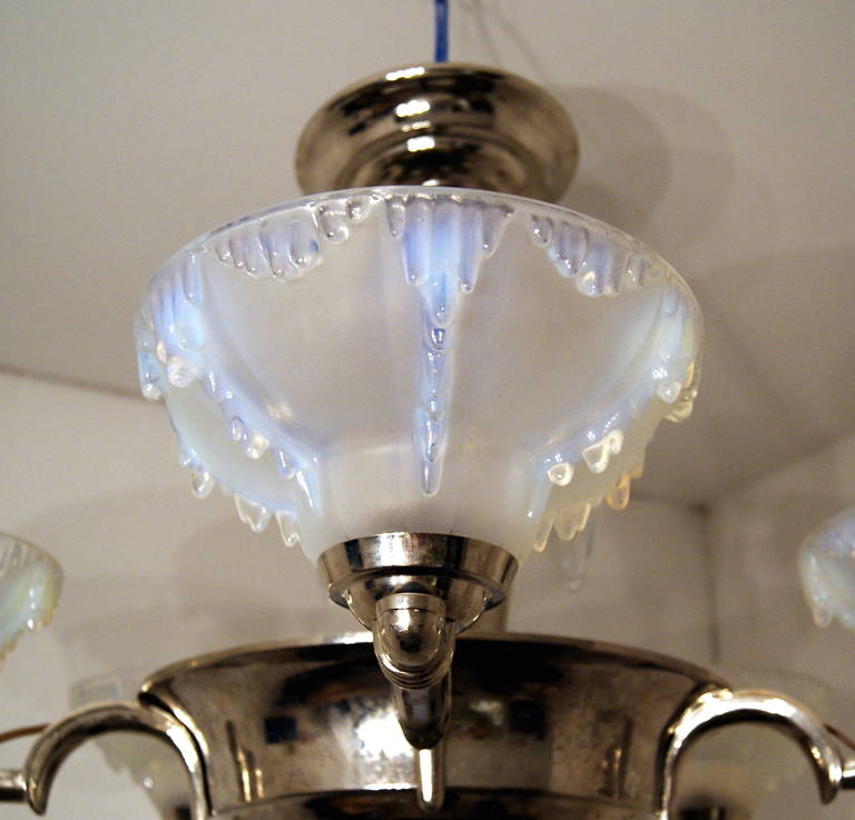 Elegant Art Deco French Chandelier White Frosted Glass France made c. 1930 For Sale 2