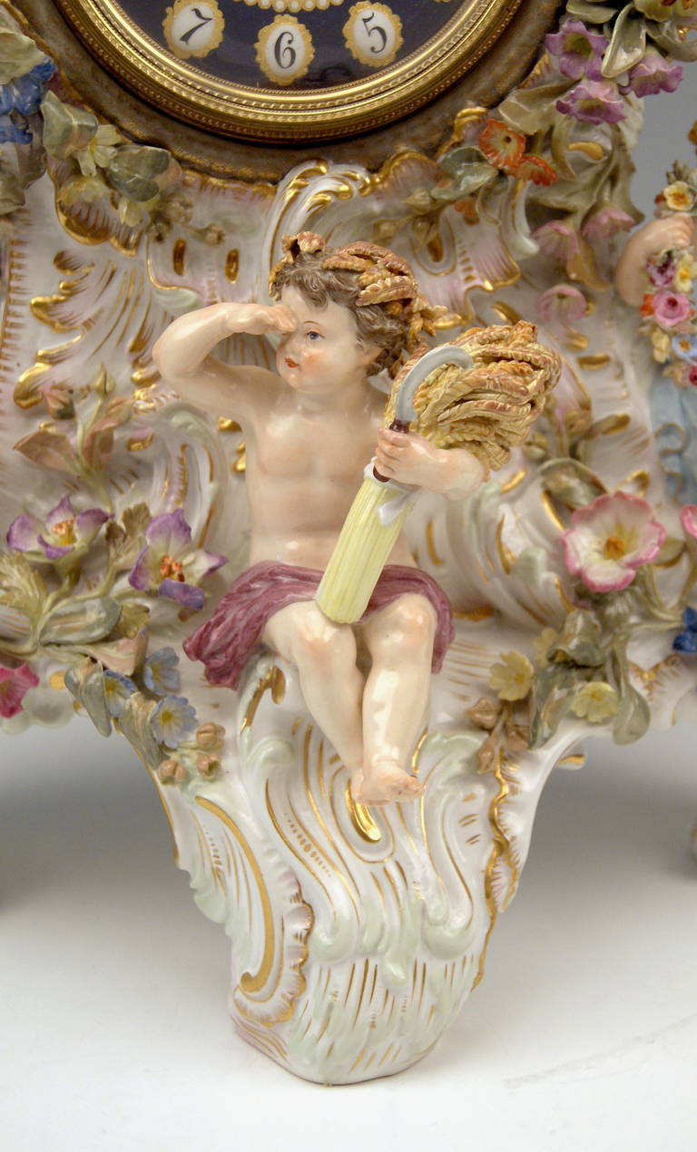 Rococo Revival Meissen Tall Mantle Table Clock Four Seasons Kaendler C. 1860