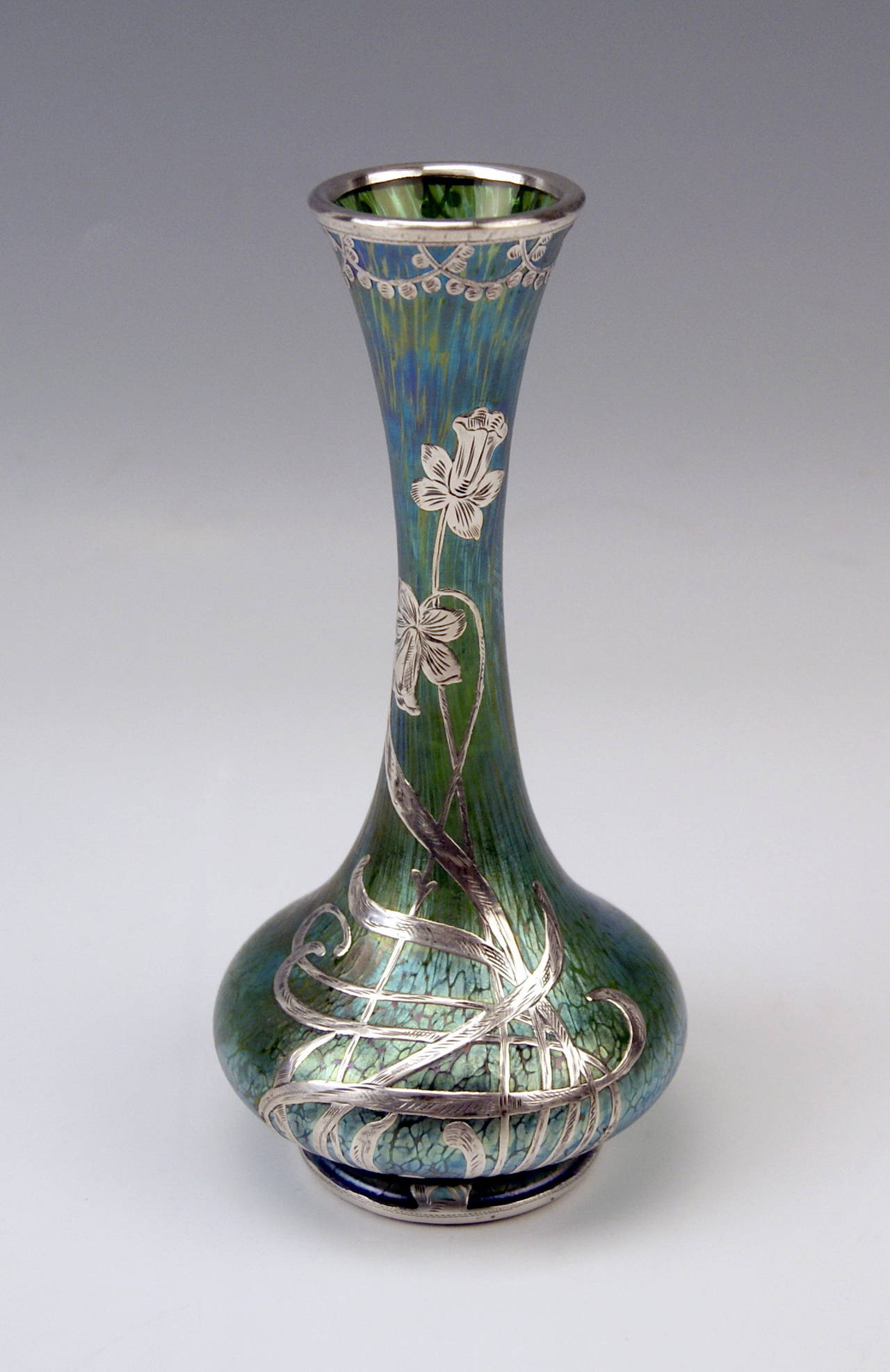 Austrian Vase Loetz Widow Art Nouveau Creta Papillon Gorgeous Silver Overlay