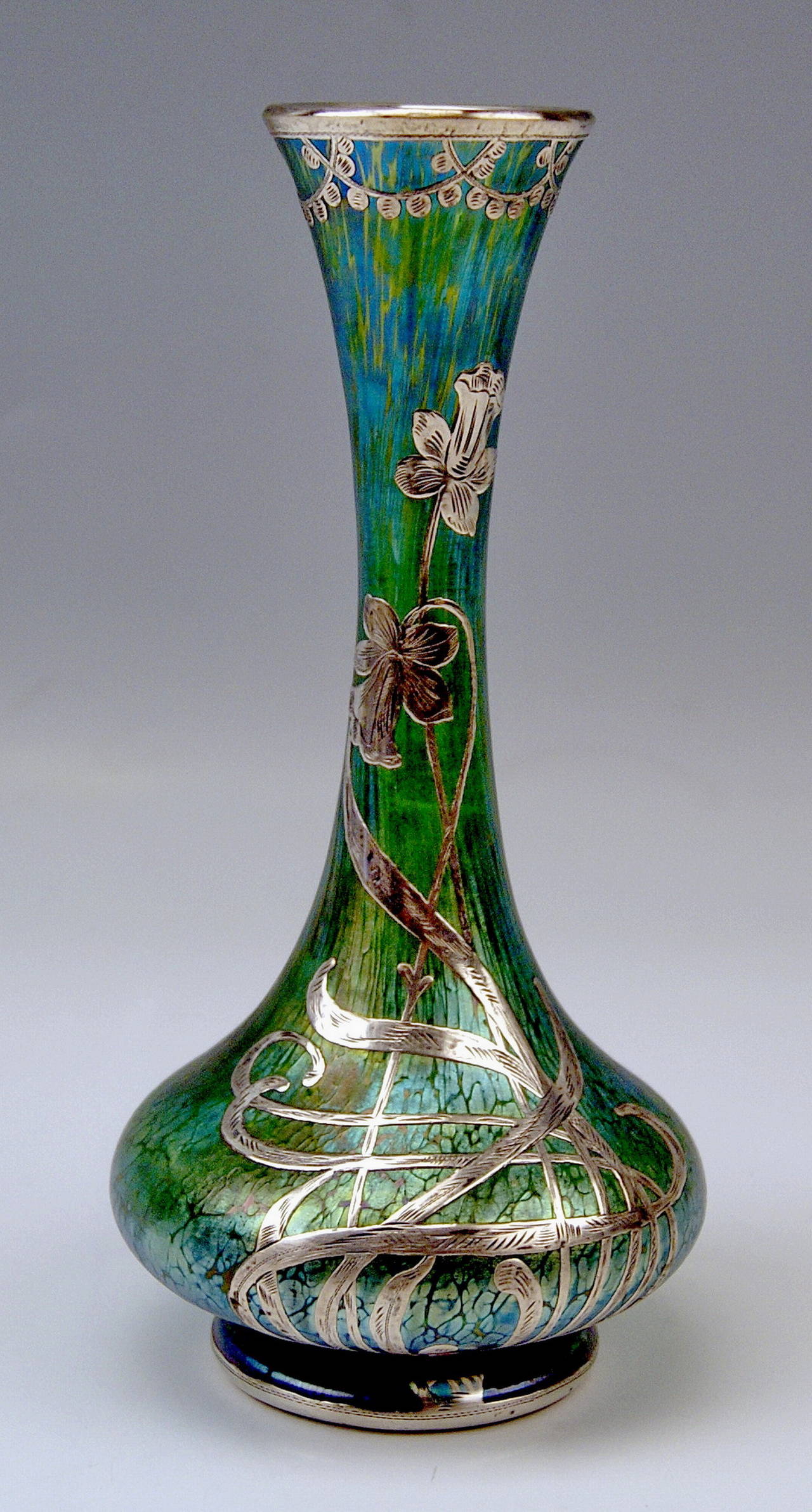 Vase Loetz Widow Art Nouveau Creta Papillon Gorgeous Silver Overlay 2