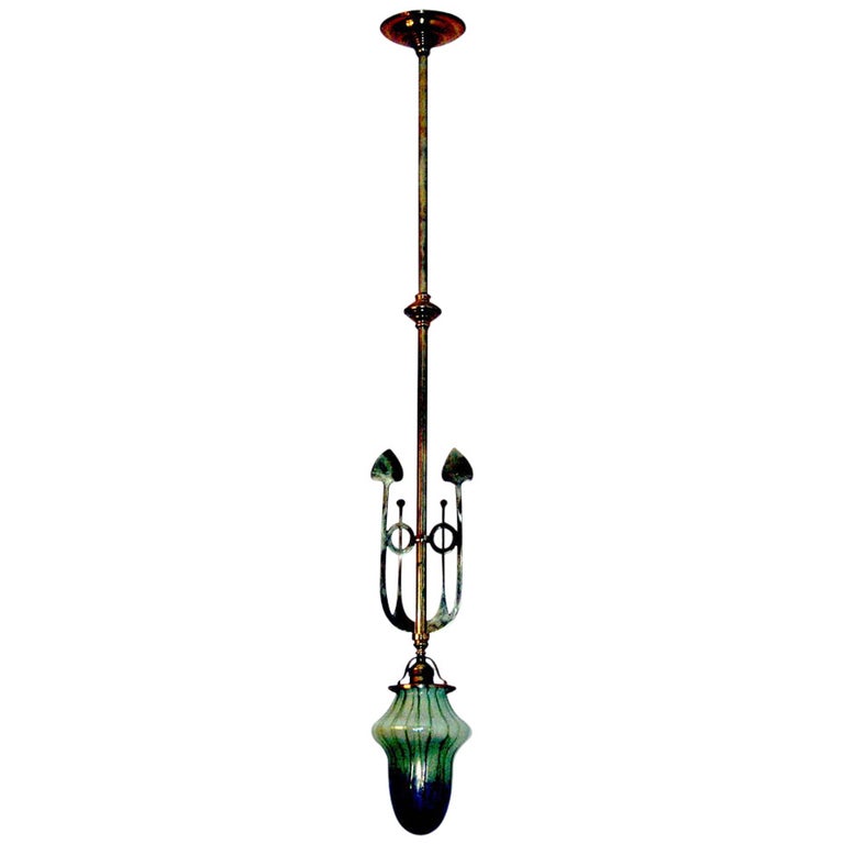 Art Nouveau Suspended Lamp Pendant Vienna Palme Koenig Shade C.1900 For Sale