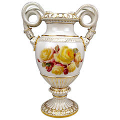 MEISSEN TALL SNAKE HANDLES VASE WITH FINEST FLOWER PAINTING  c.1870