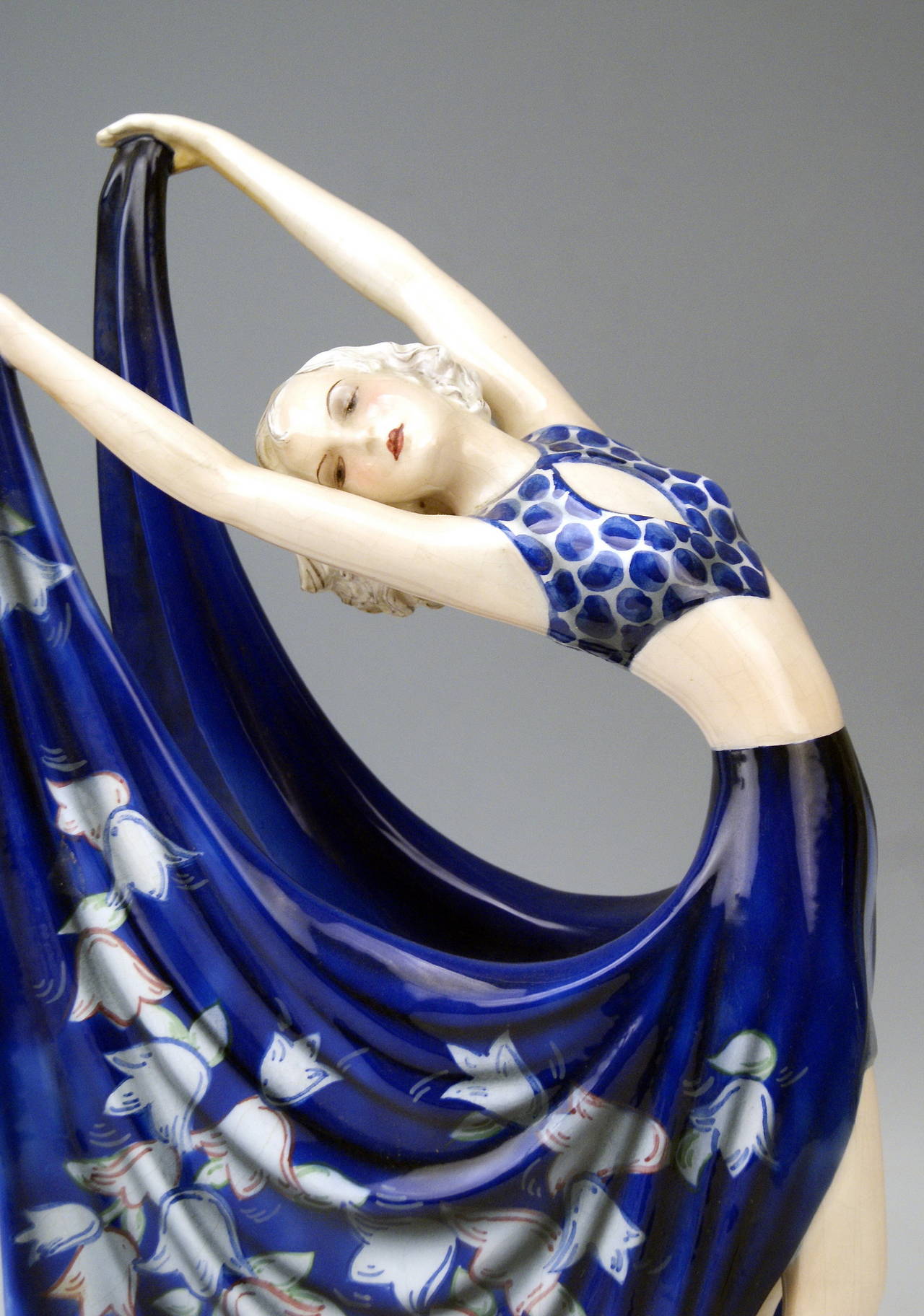Art Deco GOLDSCHEIDER VIENNA LADY DANCER BLUE DRESS BY STEFAN DAKON c.1935/36