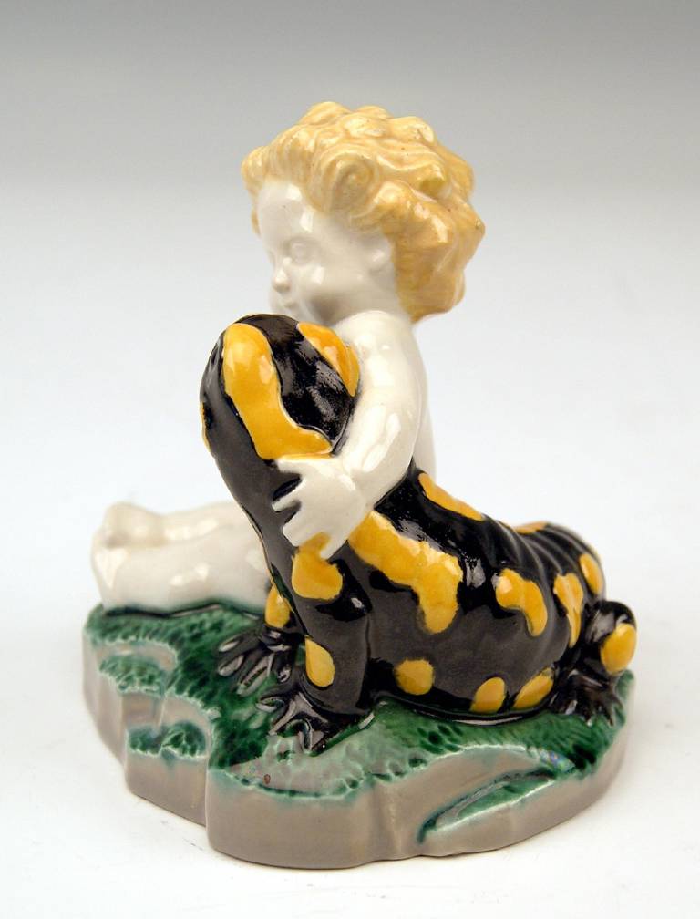 Austrian Anton Klieber Vienna Cherub Putto Figurine with Fire Salamander, c.1913-15