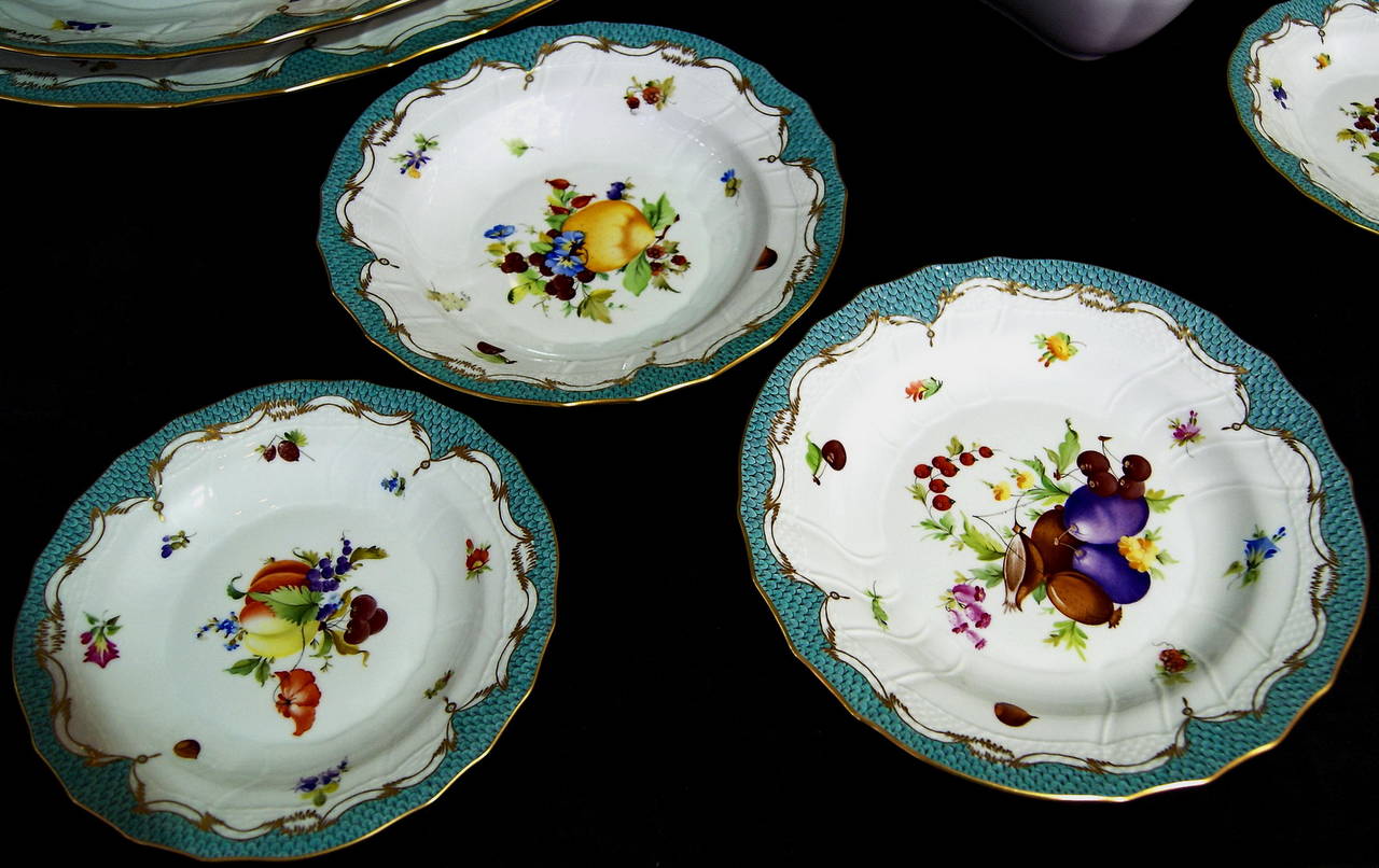 Painted HEREND DINNER SET FOR 12 PERSONS COMPOSITION FRUITS FLOWERS CFR-ET c.1960