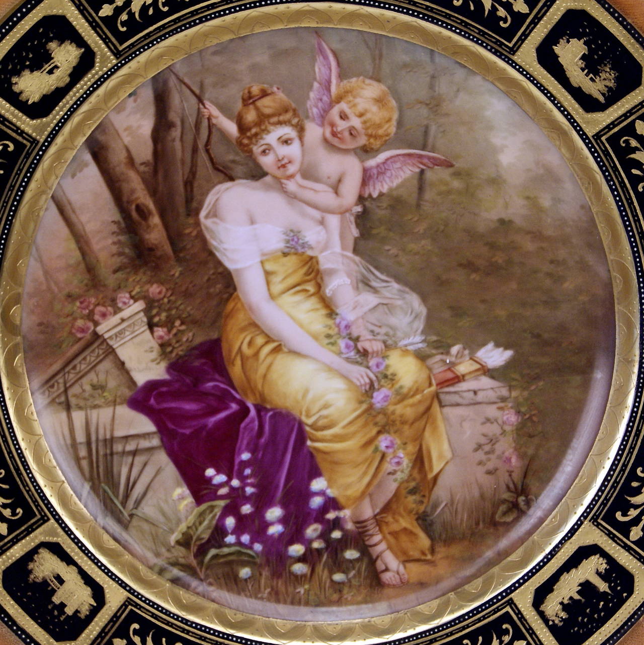 High Victorian Huge Royal Vienna Porcelain Plate Cherub and Lady Diameter 14.56  inches ca 1880