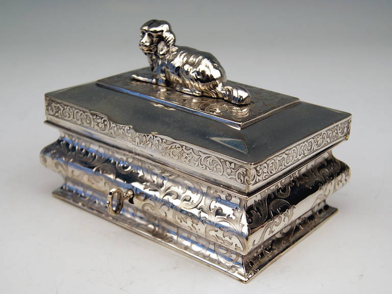 19th Century German Silver Biedermeier Sugar Box with Dog Figurine made in Berlin, circa 1830