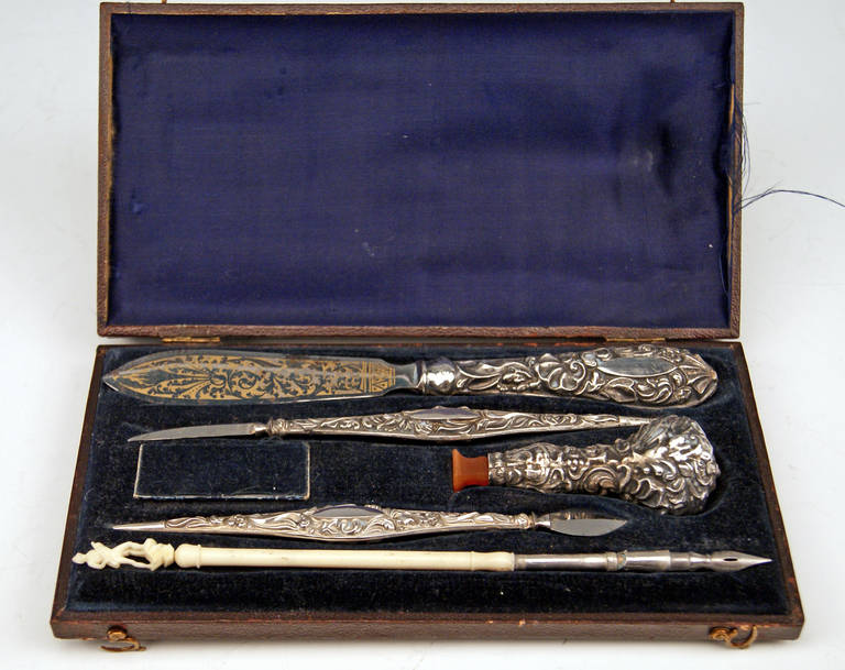 Austrian Silver Rarest  19th Century Writing Set Five Parts 
 Vienna, made circa 1840  during Biedermeier Period 

 Excellently manufactured Writing Set in original casket, consisting of following parts:

 --  a letter opener /  paper knife
