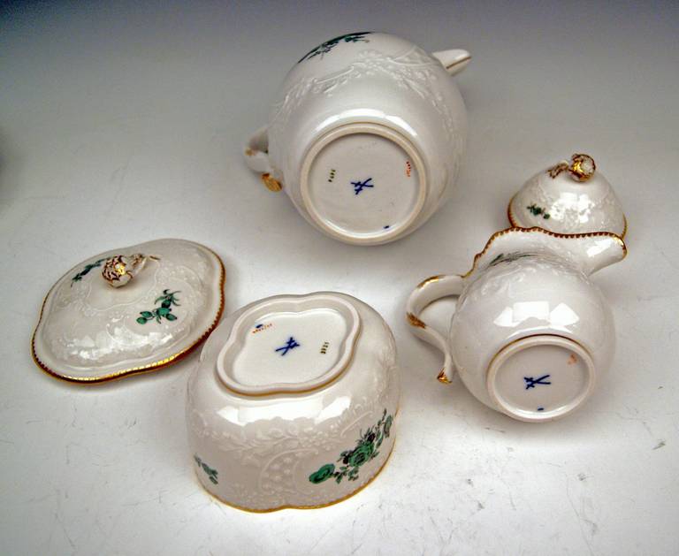 Painted Meissen Coffee Set Six Persons Decor Chrysocolla Flowers Marseille 20th Century