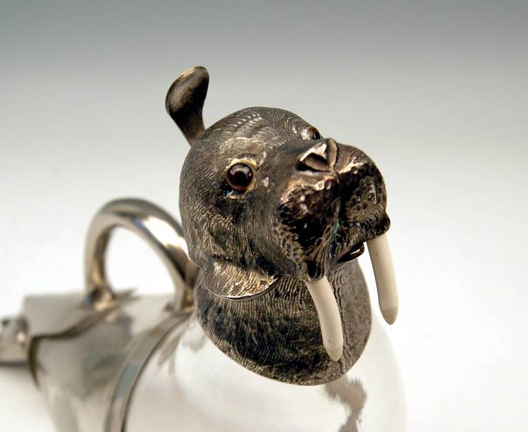 Glass Austrian Silver-Plated Carafe Jug Shaped as a Walrus, circa 1900