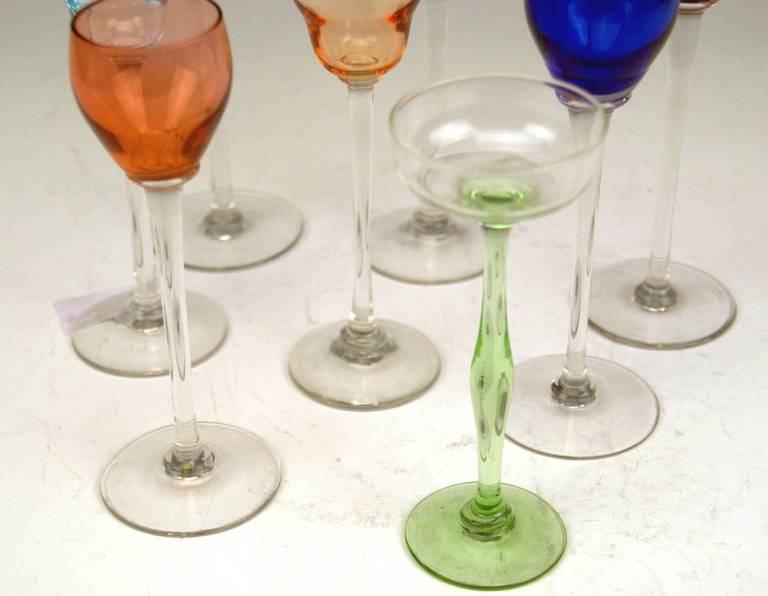 Austrian Art Nouveau Set of Eight Stalky Liqueur Glasses Designed by Kolo Moser