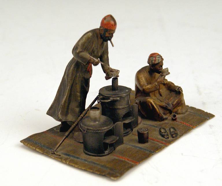 Austrian Vienna Bronze by Franz Bergman(n), Two Arab Men Busy with Preparing Tea
