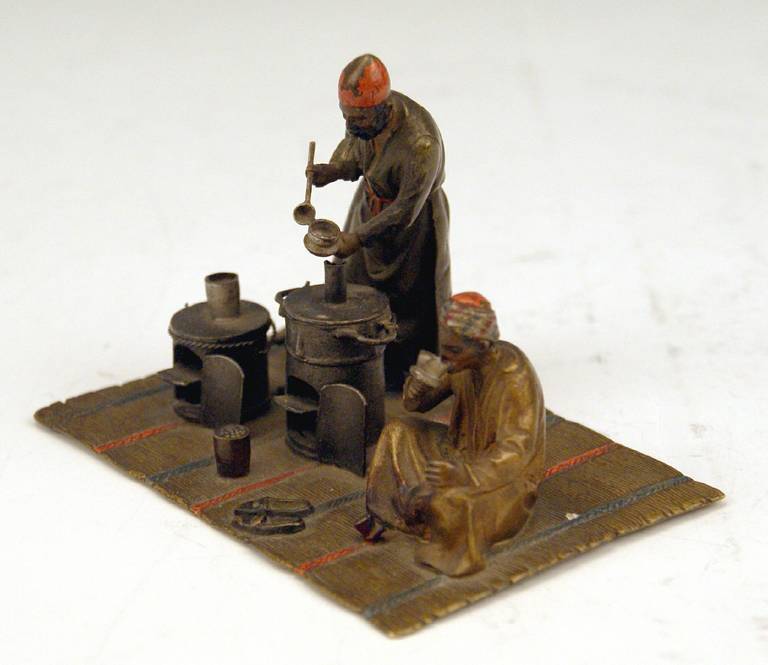 20th Century Vienna Bronze by Franz Bergman(n), Two Arab Men Busy with Preparing Tea