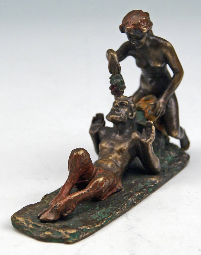 Austrian Vienna Erotic Bronze Vintage by Franz Bergman Faun with Female Nude  c.1890