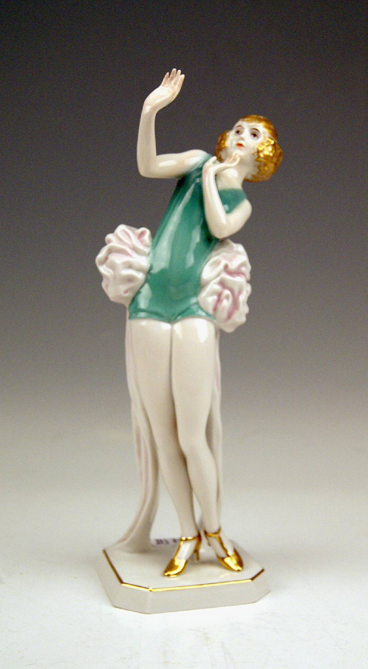 Very interesting, quite rare Rosenthal Germany female figurine called 'Janine' or 'The Frightened Woman.'
 Modelled by Dorothea Charol | model created in year 1926.
 Manufactured first quarter of 20th century or made circa 1929.

 A young lady