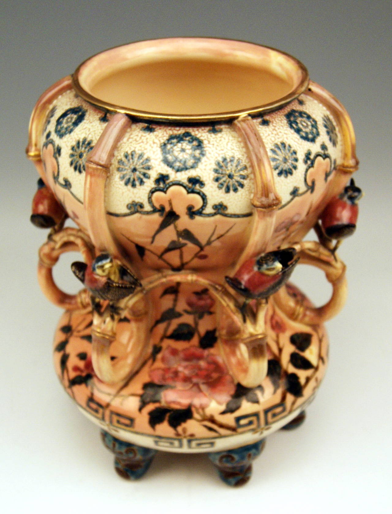 Hungarian Zsolnay Vintage and Rare Vase with Birds Abundantly Decorated, circa 1882-1885
