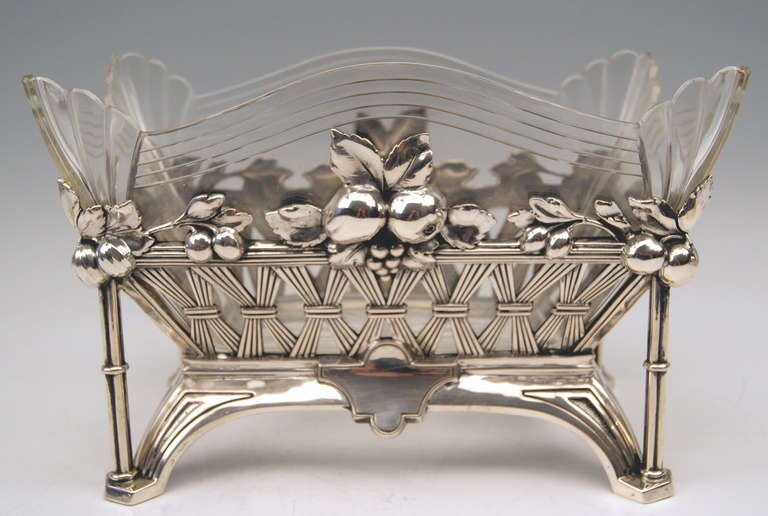 Silver Flower Bowl Jardiniere German 1900 glass liner original Art Nouveau