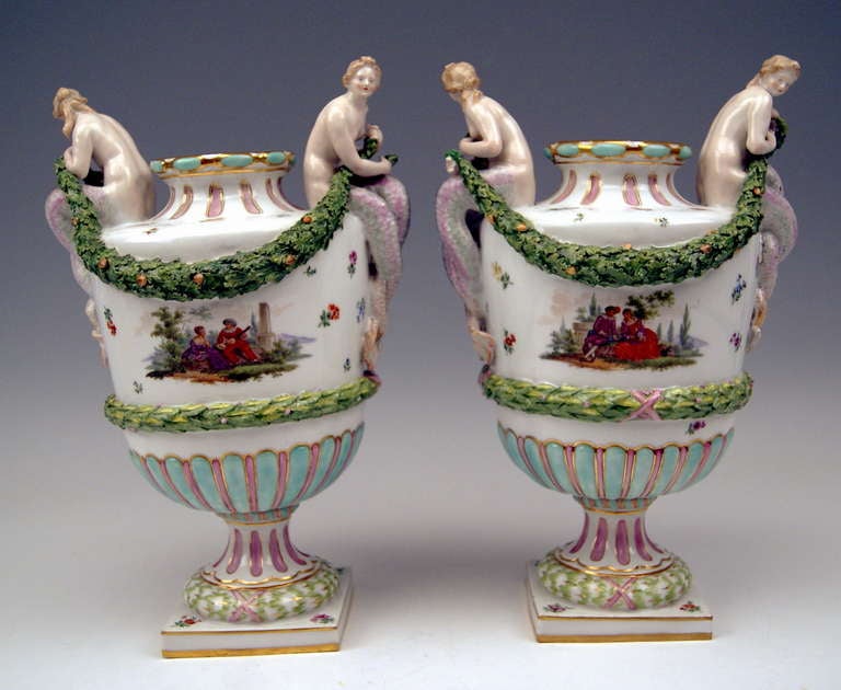 Biedermeier Meissen Porcelain Pair Of Vases With Figurines 19th Century