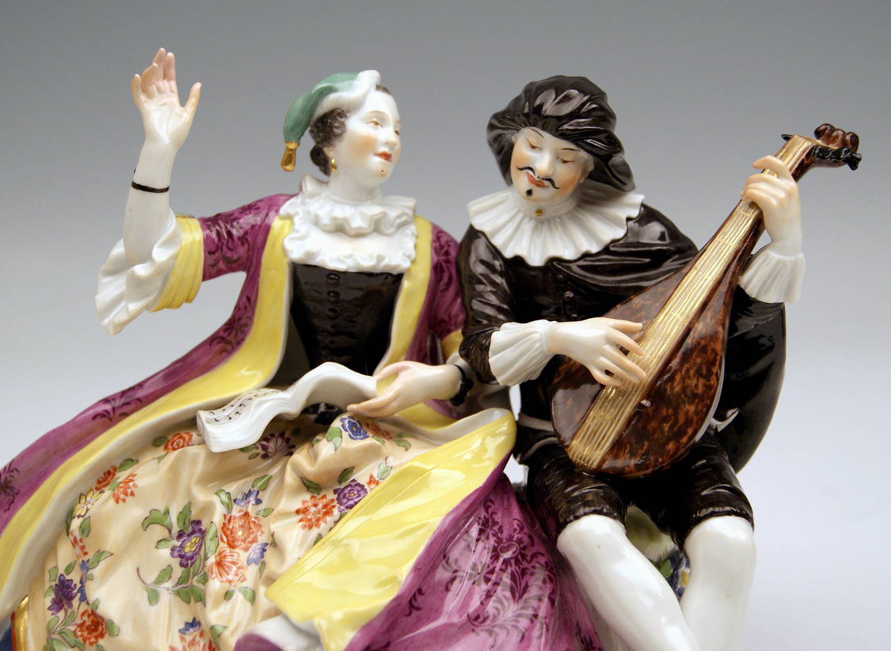German Meissen Figurine Group Scaramuz and Colombine Making Music by Kändler c.1924