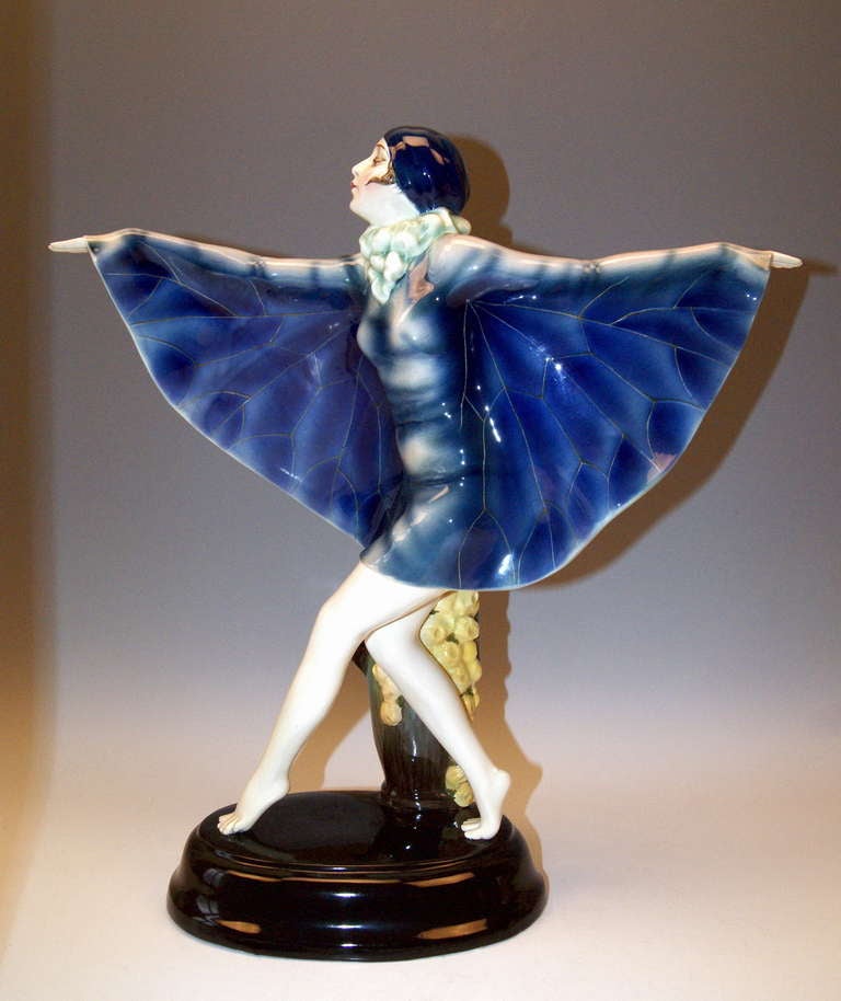 Gorgeous TALL GOLDSCHEIDER figurine  -  height: 18. 6 inches  -  of CAPTURED BIRD designed by Josef LORENZL in the year 1922: The figurine is depicting the dance having been performed by famous female dancer Niddy Impekoven  (1904-2002)  in the