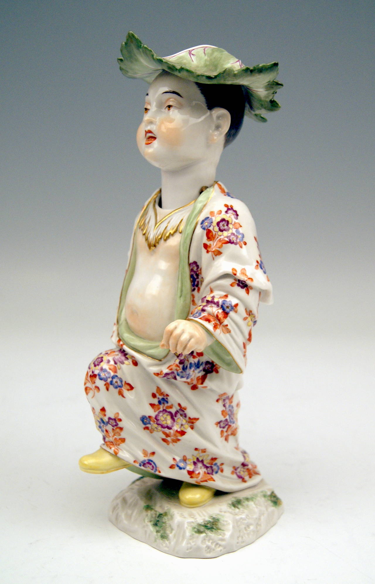 German Meissen Chinese Boy with Hat made of Cabbages' Leaves Kändler made 20th century